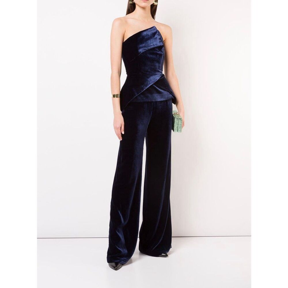 Roland Mouret Carradine Navy Velvet Peplum Strapless Jumpsuit 8